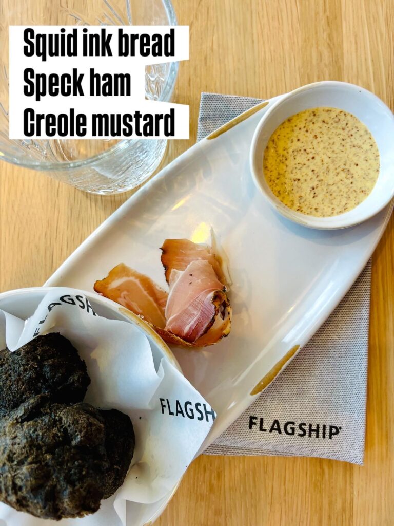 American Airlines Flagship Lounge Philadelphia: Squid Ink Bread, Speck Ham, Creole mustard