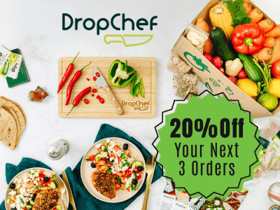 DropChef Ireland: exclusive 30% off - myHobby.fun Fresh DropChef Ireland meal kit with locally sourced Irish vegetables, proteins, and a recipe card on a kitchen counter.