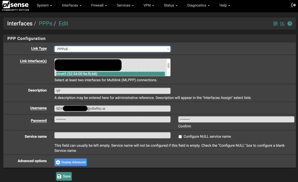 How to Replace Vodafone Ultra Hub 7 with Your Own Router - myHobby.fun pfSense PPP configuration interface showing PPPoE link type with Vodafone Ireland username and password settings