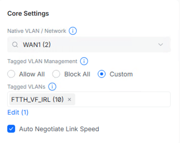 How to Replace Vodafone Ultra Hub 7 with Your Own Router - myHobby.fun Ubiquiti UniFi switch port core settings tagged with FTTH VLAN 10 for Vodafone Ultra Hub